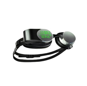 Holoswim 2 Pro AR smart swimming goggles featuring a transparent digital display showing real-time swim data including distance, time, and pace in green LED format on black frame.