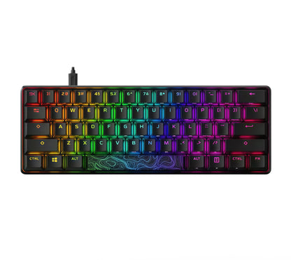 Front-facing view of the HyperX Alloy Origins 60 mechanical keyboard on a white background, showcasing its sleek black design, full RGB illumination, and compact 60% layout. Ideal for gamers who want performance, style, and efficiency in a small footprint.
