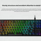 Top view of the HyperX Alloy Origins 60 mechanical gaming keyboard featuring vibrant rainbow RGB backlighting, a compact 60% layout, and an aerospace-grade aluminum alloy chassis. The one-piece semi-transparent keycaps offer clear, wear-resistant legends and ergonomic design for comfortable typing.