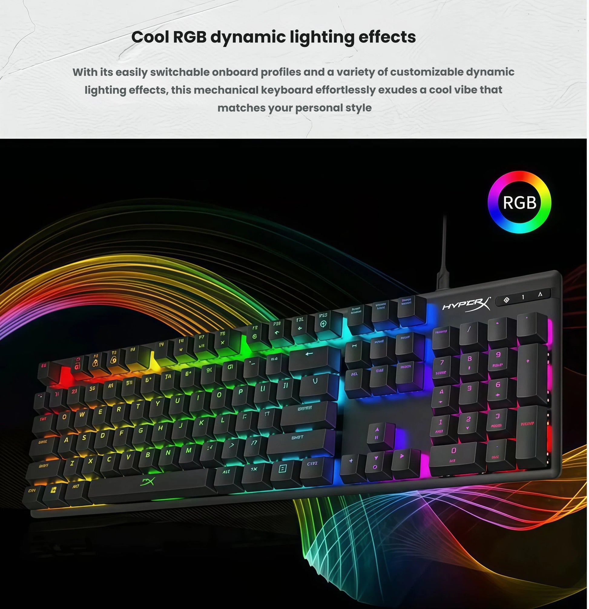 HyperX Alloy Origins 60 mechanical keyboard illuminated with vibrant dynamic RGB lighting against a dark background. The keyboard features easily switchable onboard profiles and customizable lighting animations that match your personal gaming style and setup aesthetic.
