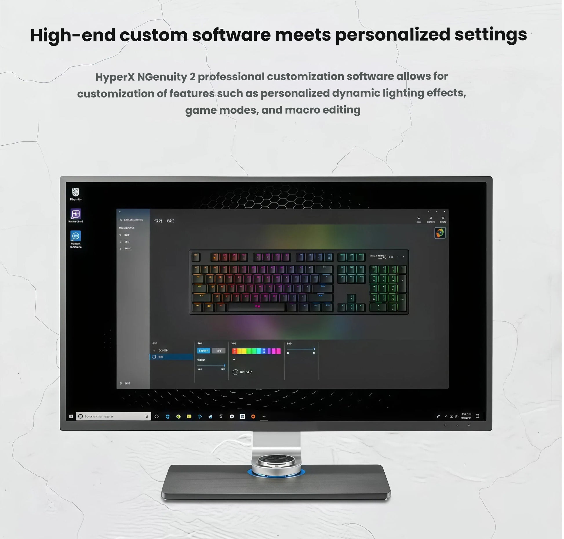Monitor screen showing the HyperX NGenity 2 professional customization software interface, allowing users to personalize dynamic RGB lighting effects, game modes, and macro programming. Perfect for tailoring the HyperX Alloy Origins 60 keyboard to individual gaming preferences.