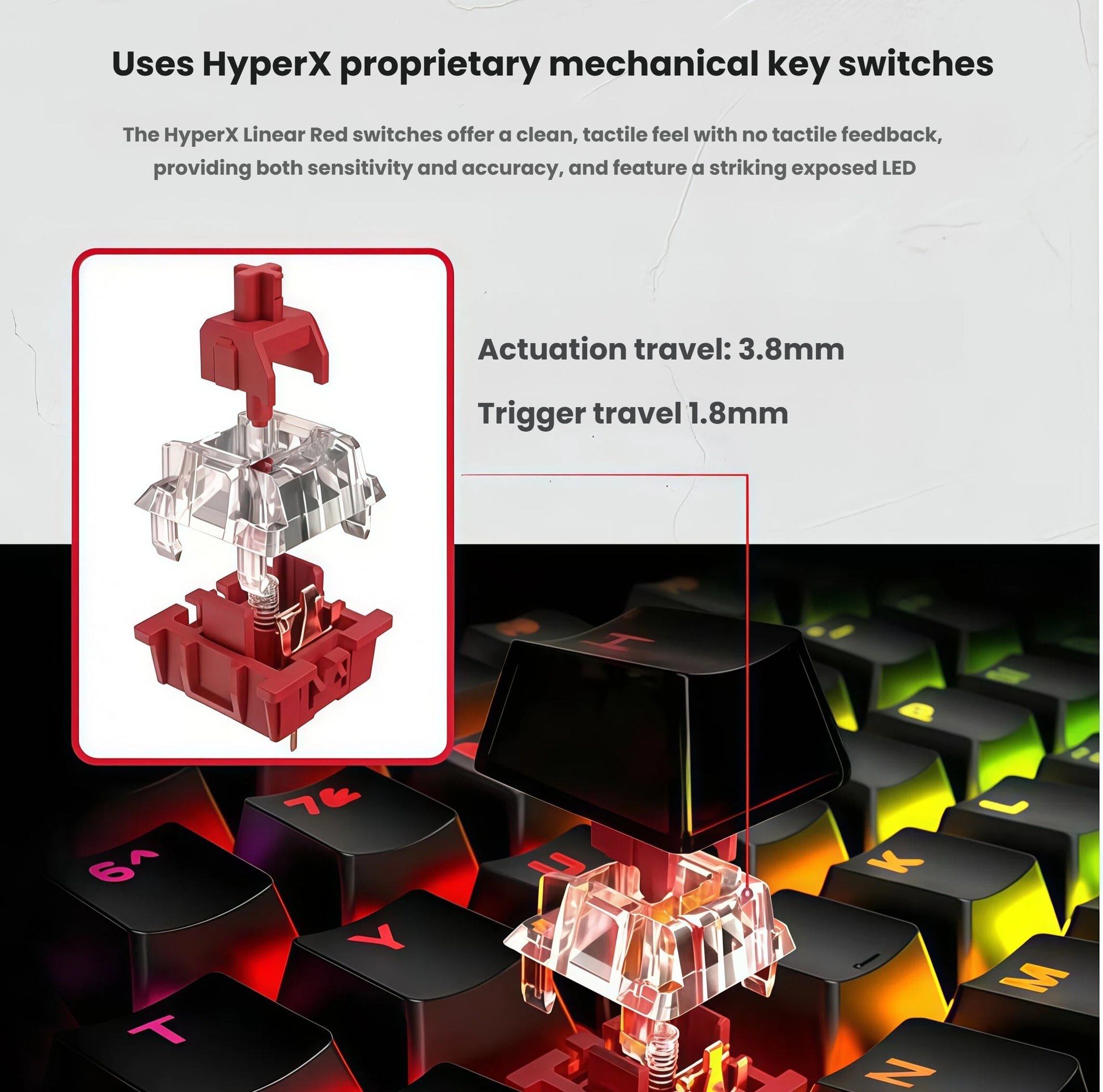 Close-up of HyperX proprietary mechanical switches used in the Alloy Origins 60 keyboard. The Linear Red switches provide a clean, tactile feel with no tactile feedback, offering sensitivity and accuracy. Features include 3.8mm actuation travel, 1.8mm trigger travel, and an exposed LED for enhanced RGB visibility.