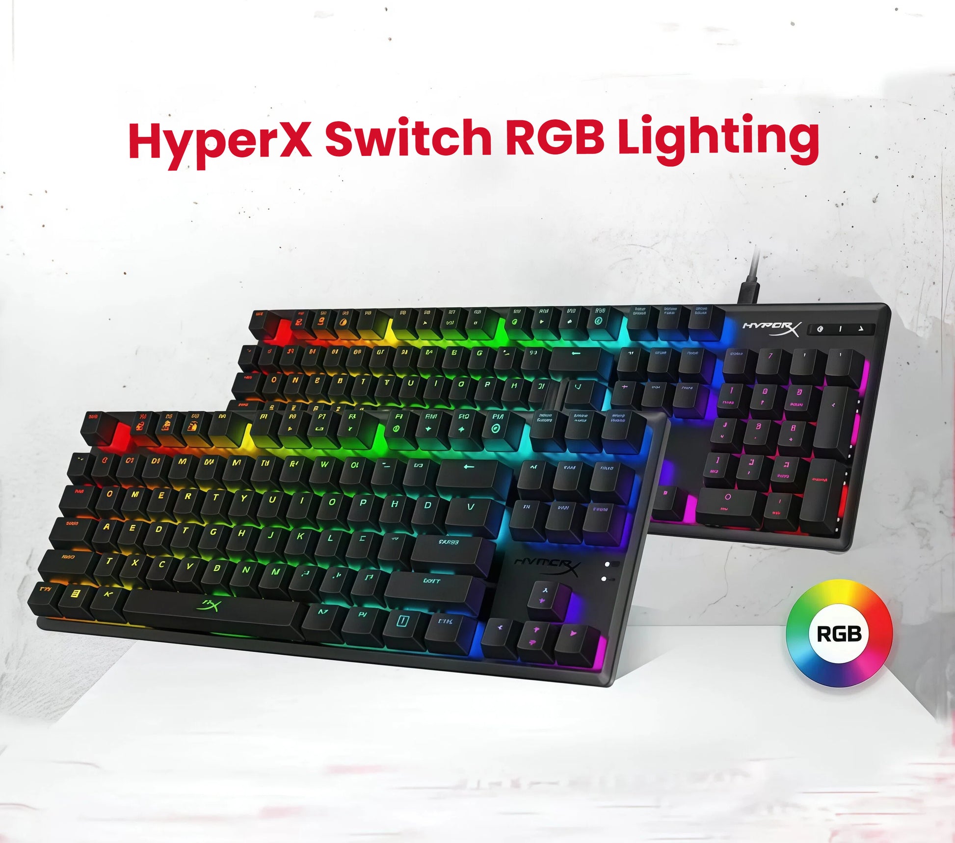 Side-by-side display of two HyperX Alloy Origins 60 mechanical keyboards with full-spectrum RGB lighting effects. The compact 60% form factor highlights portability and style, ideal for gaming setups and desktop space-saving. Features include customizable lighting and HyperX proprietary switches.