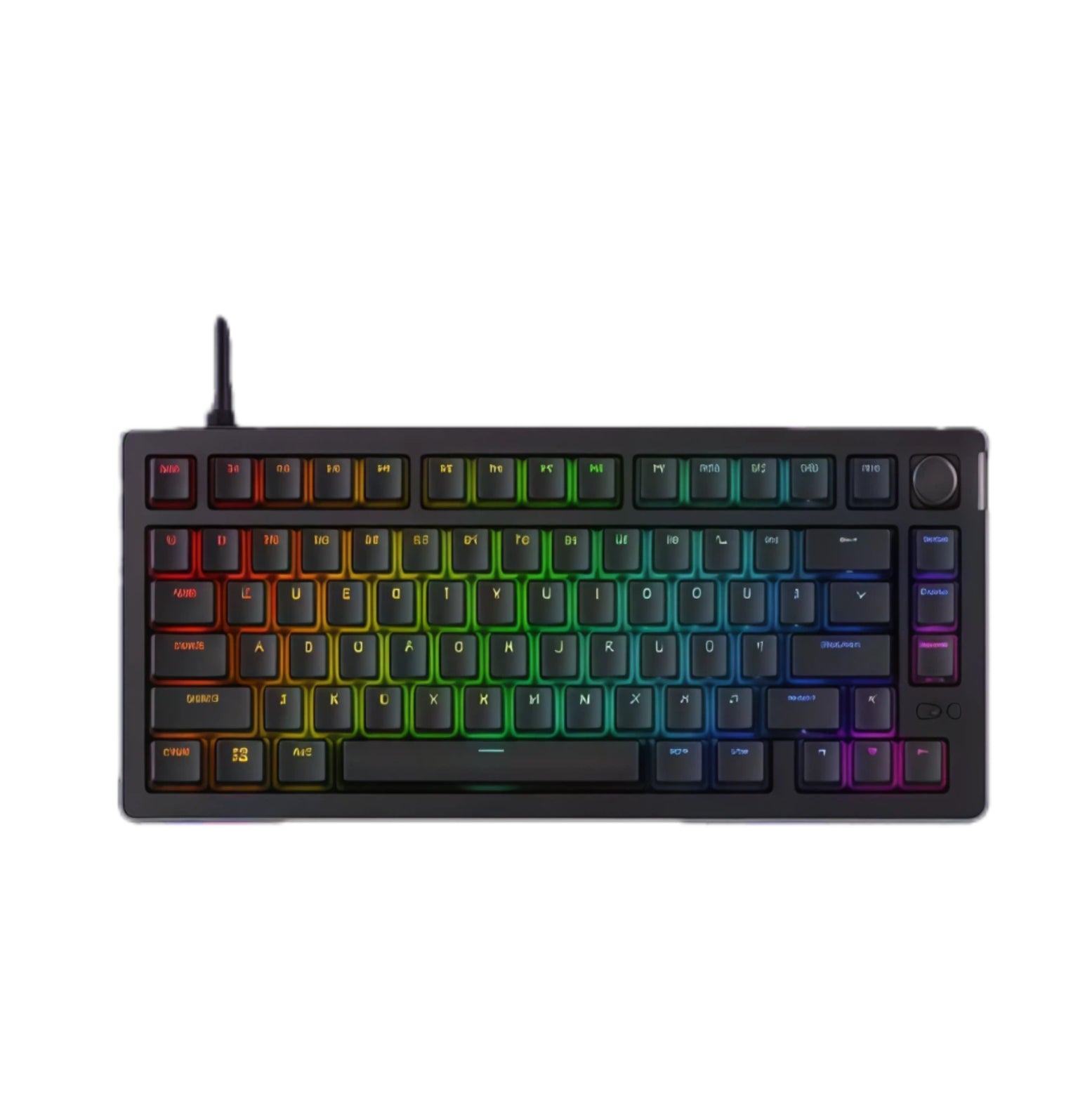 Front view of the HyperX Alloy Rise 75% wireless gaming keyboard featuring vibrant rainbow RGB backlighting across all keys. Sleek black design with a compact layout ideal for gaming and desk space efficiency.
