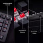 Feature highlights of the HyperX Alloy Rise keyboard: dedicated media control dial, red HyperX Gen 2 mechanical switches, and a detachable USB-C cable for portability and easy cable management.
