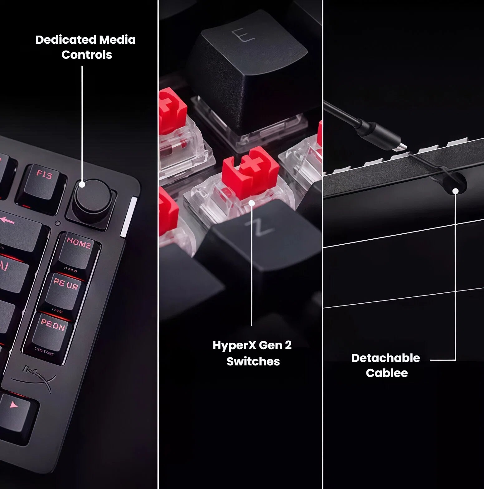 Feature highlights of the HyperX Alloy Rise keyboard: dedicated media control dial, red HyperX Gen 2 mechanical switches, and a detachable USB-C cable for portability and easy cable management.