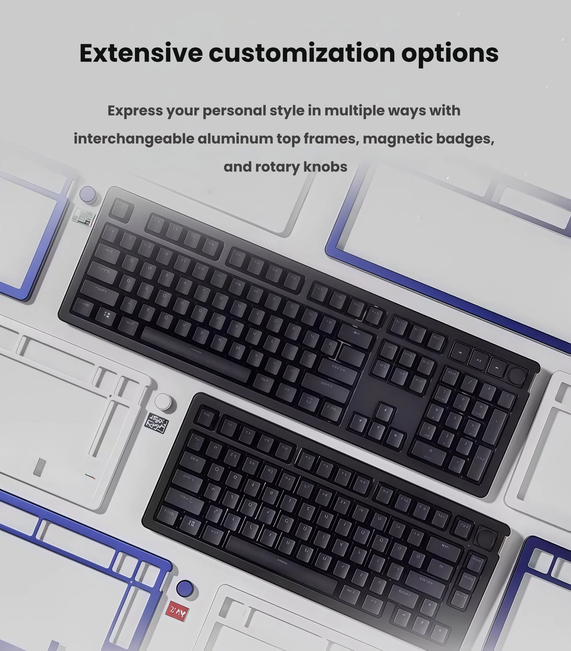 Top-down view of the HyperX Alloy Rise keyboard surrounded by customizable aluminum top frames, magnetic badges, and rotary knobs. Offers personalized styling options for gamers and enthusiasts.