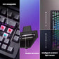 Close-up of HyperX Alloy Rise keyboard showcasing hot-swappable switches, gasket-mounted structure for smooth typing, and an intelligent ambient light sensor that automatically adjusts RGB brightness based on surroundings.