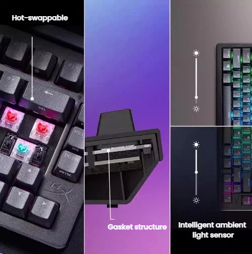 Close-up of HyperX Alloy Rise keyboard showcasing hot-swappable switches, gasket-mounted structure for smooth typing, and an intelligent ambient light sensor that automatically adjusts RGB brightness based on surroundings.