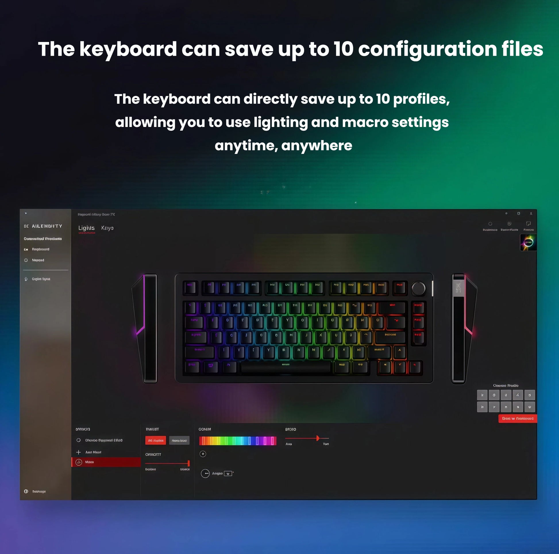 Screenshot of HyperX Alloy Rise software interface showing support for up to 10 onboard configuration profiles. Allows users to save and switch between lighting, macro, and key remapping settings anytime, anywhere.