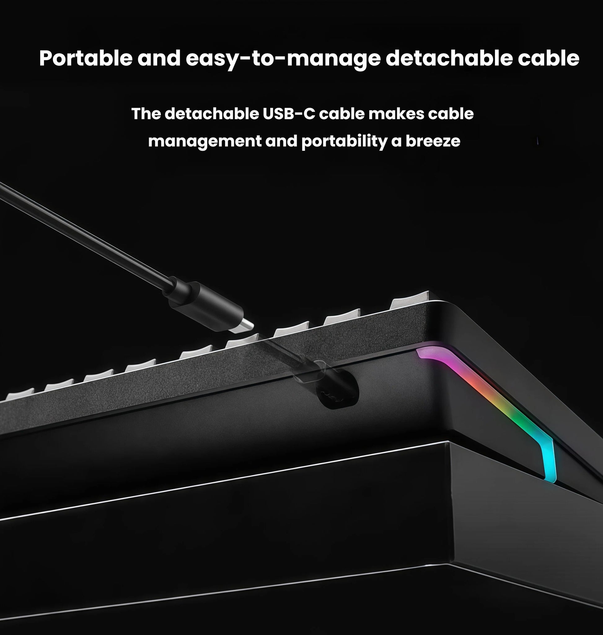 Detail shot of the detachable USB-C cable on the HyperX Alloy Rise keyboard. The plug-and-play design allows for simple cable management and enhances portability for on-the-go use.