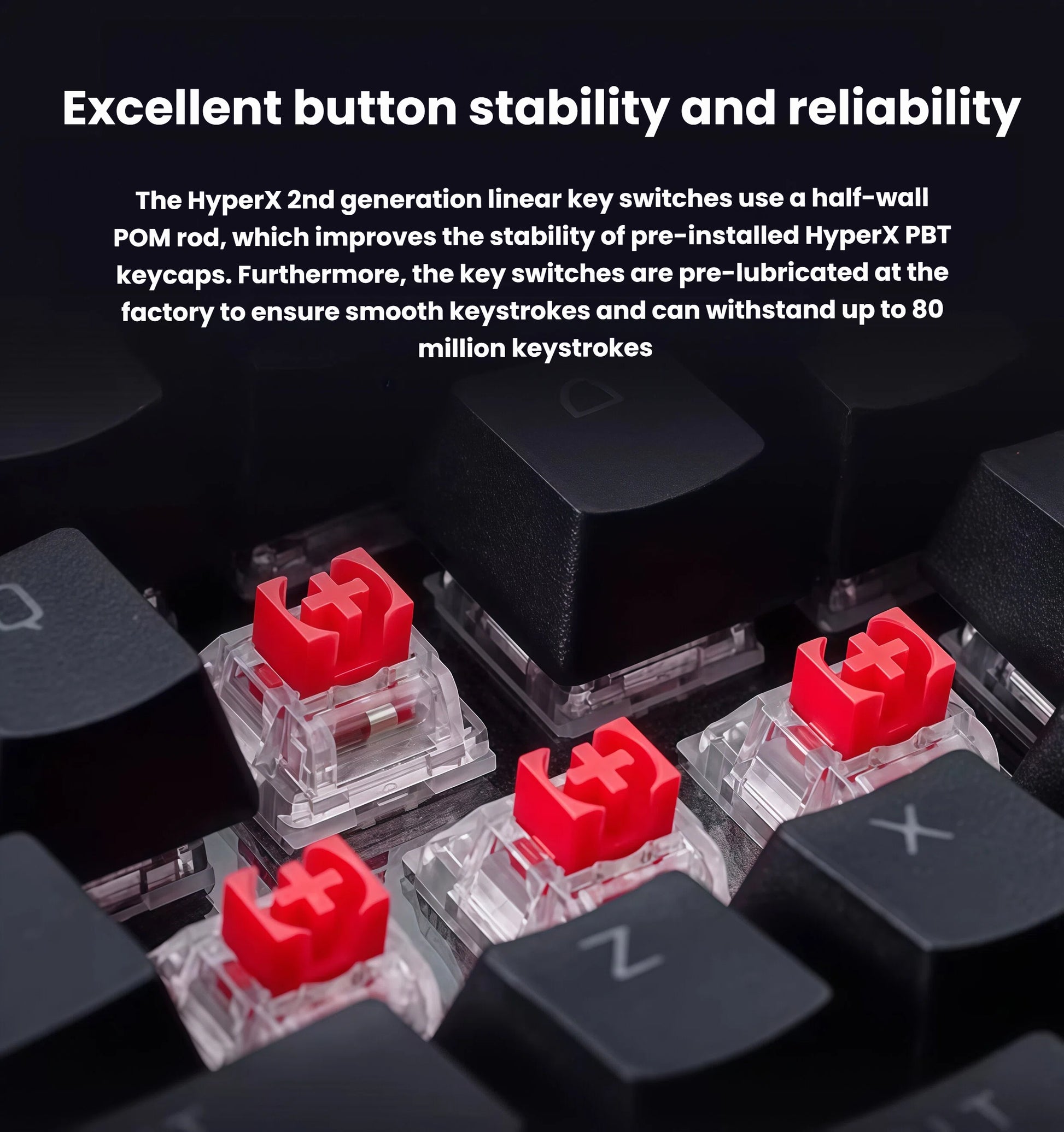 Close-up of HyperX Gen 2 linear mechanical switches with half-wall POM rod and pre-lubricated stems. Designed for excellent button stability, smooth keystrokes, and up to 80 million keystroke lifespan.
