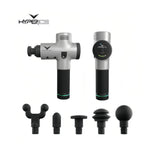 Flat lay of silver Hypervolt massage gun with 5 interchangeable heads: fork, bullet, flat, cushion and ball attachments.