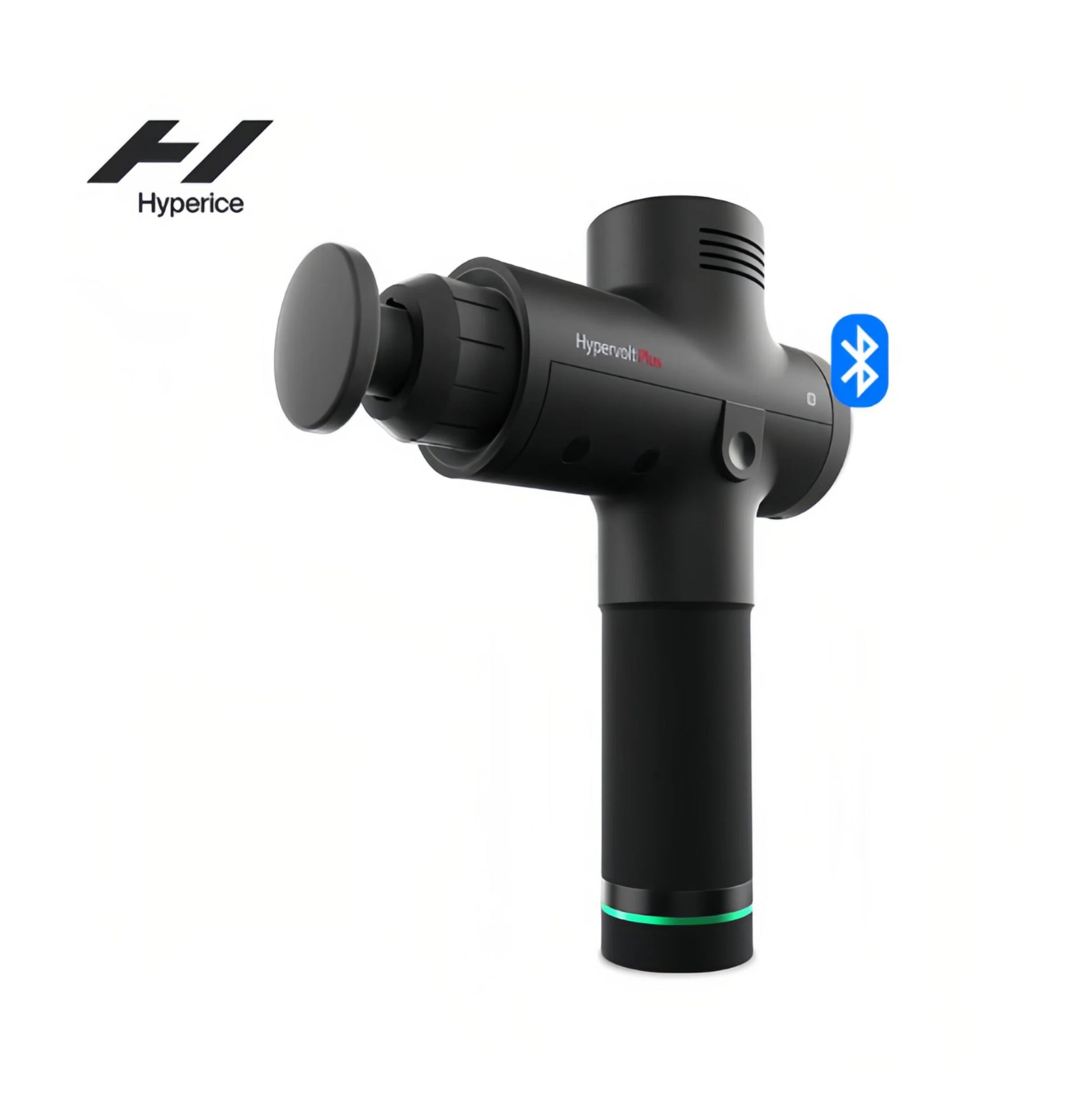 Official studio shot of black Hyperice Hypervolt Plus with Bluetooth icon, showcasing sleek design and wireless app control.