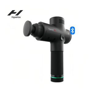 Official studio shot of black Hyperice Hypervolt Plus with Bluetooth icon, showcasing sleek design and wireless app control.