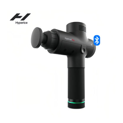 Official studio shot of black Hyperice Hypervolt Plus with Bluetooth icon, showcasing sleek design and wireless app control.