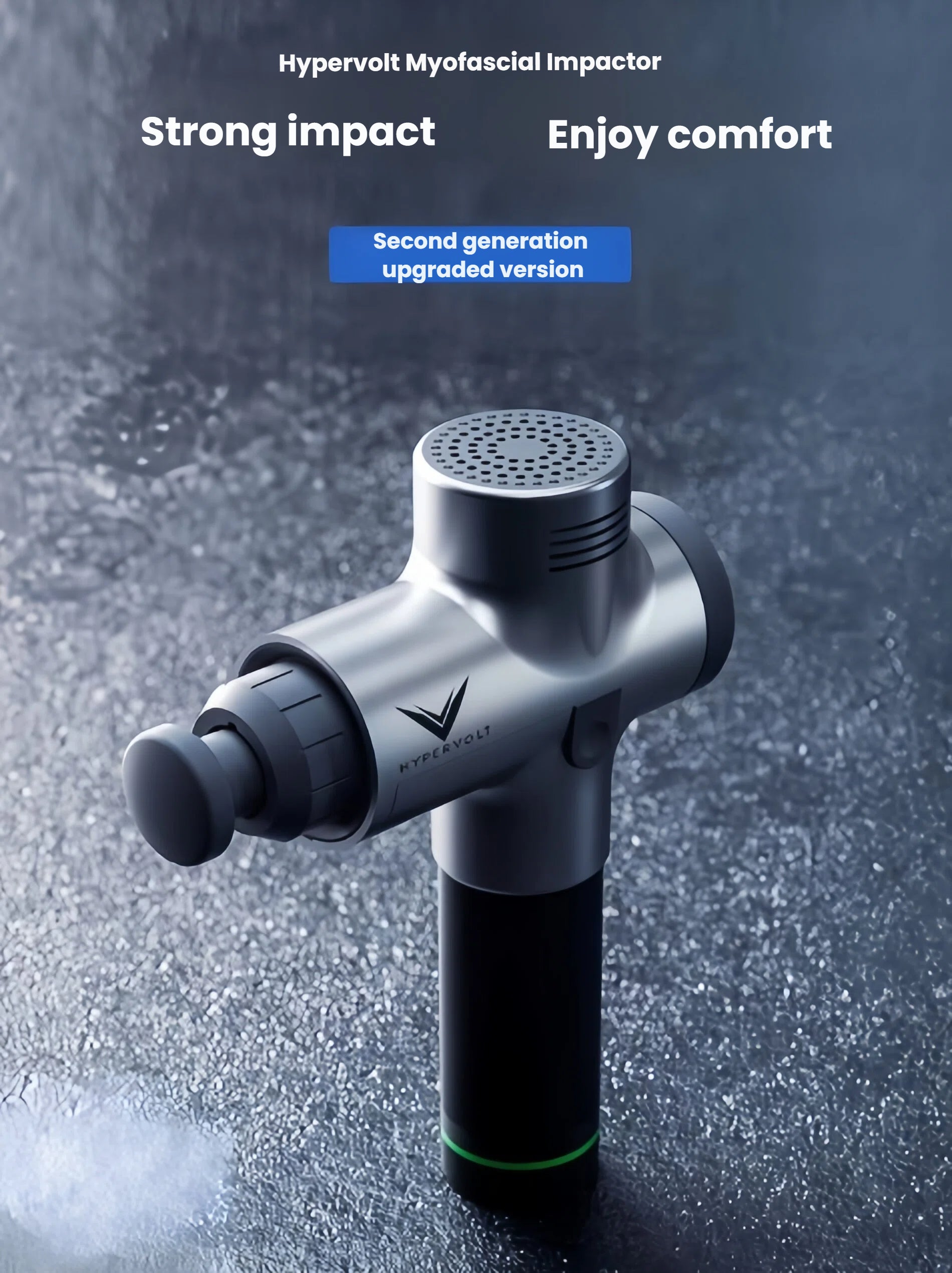 Studio hero shot of silver Hypervolt 2nd generation highlighting strong impact, comfort grip and green LED power ring.