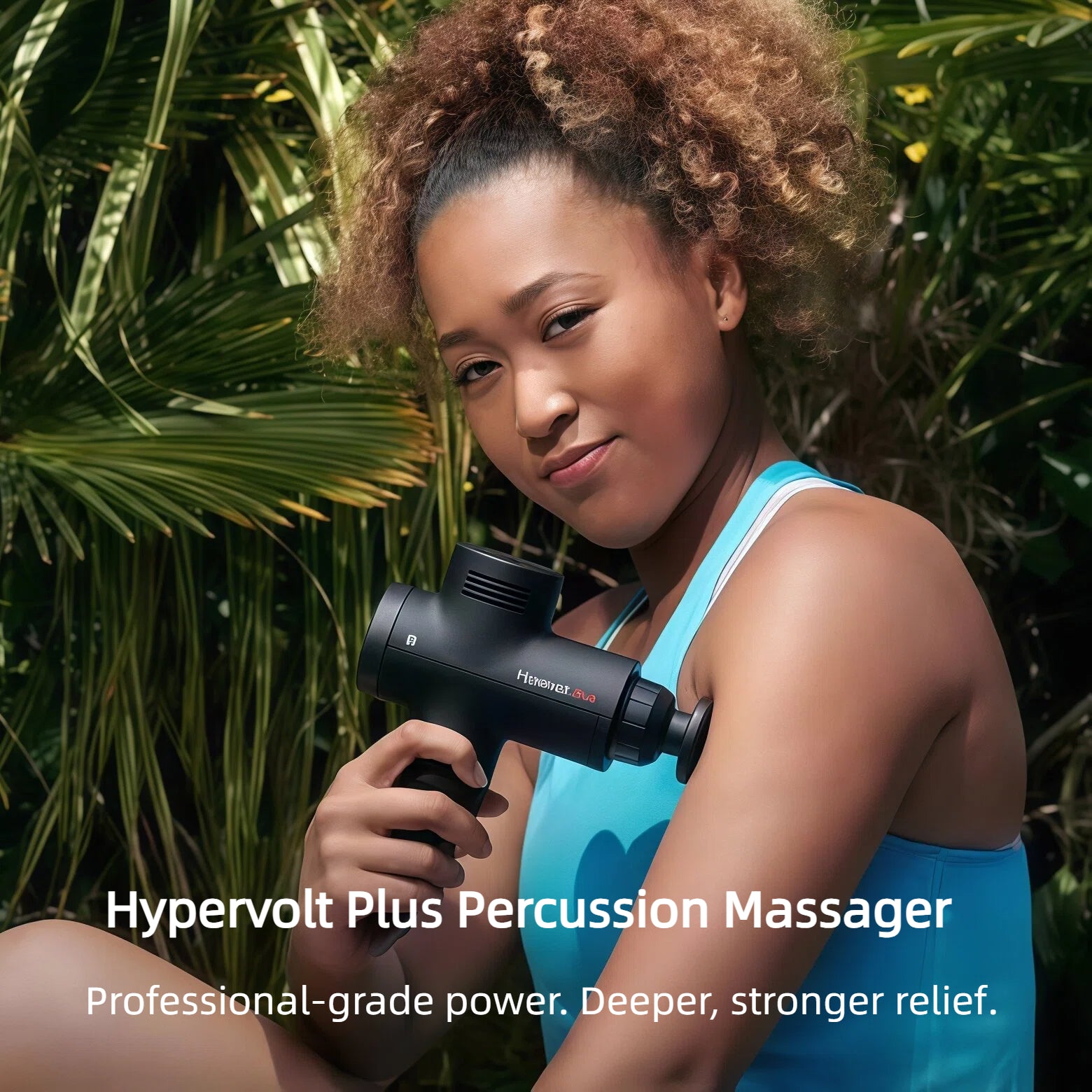 Woman using Hypervolt Plus on bicep outdoors, demonstrating professional-grade muscle relief and portability.