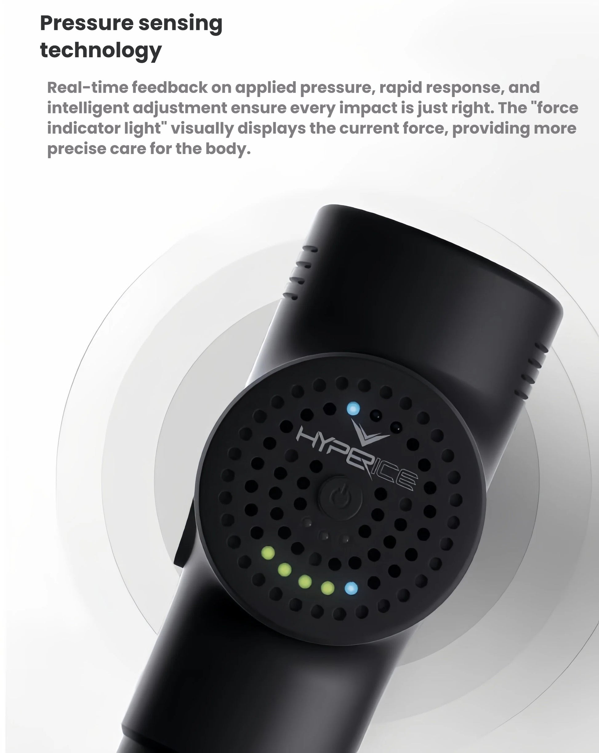 Close-up of Hypervolt Plus force indicator lights providing real-time pressure feedback for precise muscle treatment.