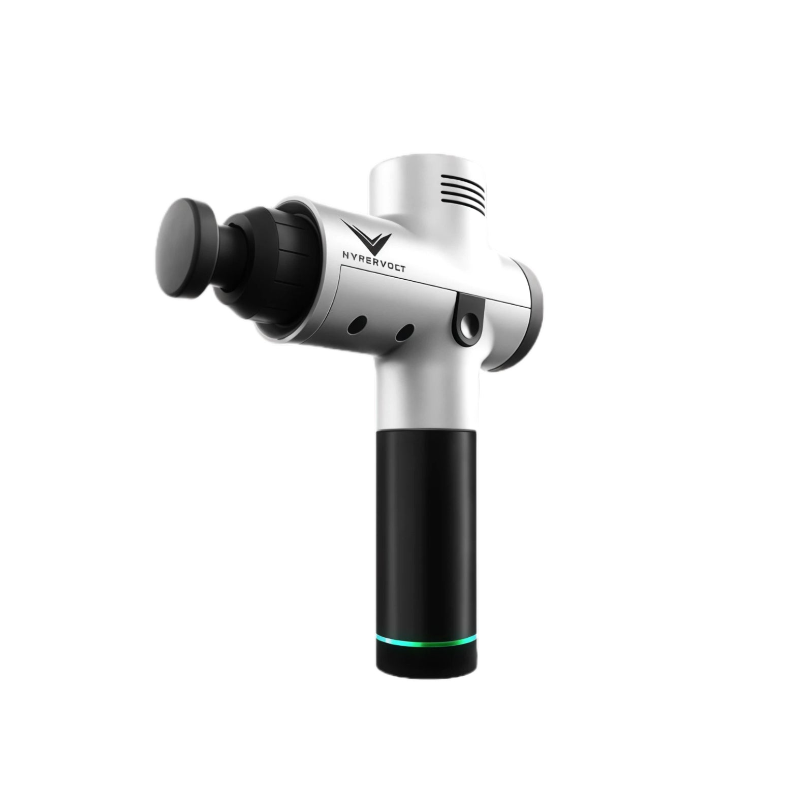 Side-profile studio shot of silver Hypervolt percussion massager with Bluetooth connectivity and ergonomic handle.