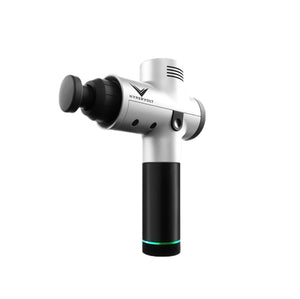 Side-profile studio shot of silver Hypervolt percussion massager with Bluetooth connectivity and ergonomic handle.