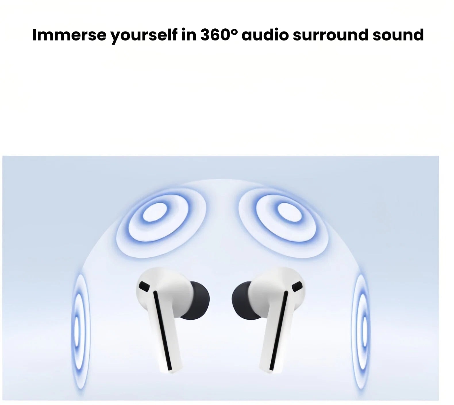  An illustration of the Samsung Galaxy Buds3 FE's 360° audio surround sound feature, showing the earbuds enveloped in sonic waves for an immersive listening experience.