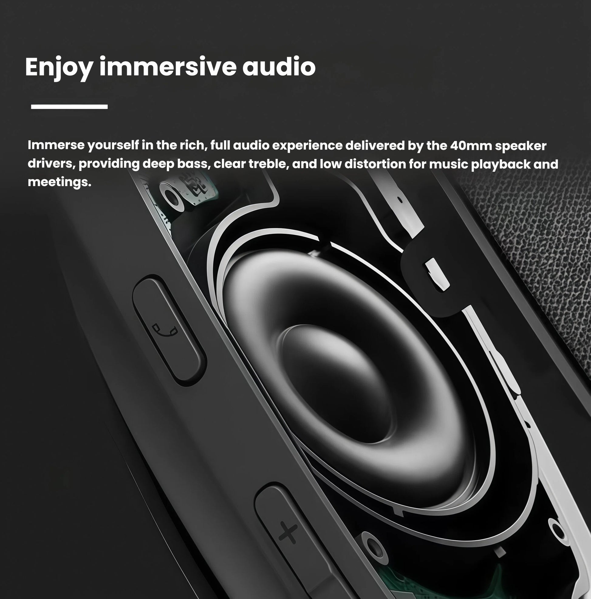 Close-up cutaway of the Zone Vibe 100’s 40 mm speaker driver, revealing the internal components that deliver rich, low-distortion audio for music and meetings.