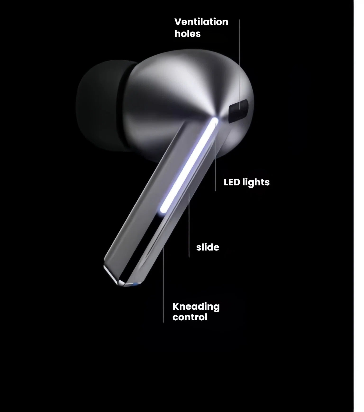A detailed diagram of a Samsung Galaxy Buds3 Pro earbud, pointing out its innovative features including ventilation holes, interactive LED Blade Lights, and intuitive slide and pinch gesture controls.