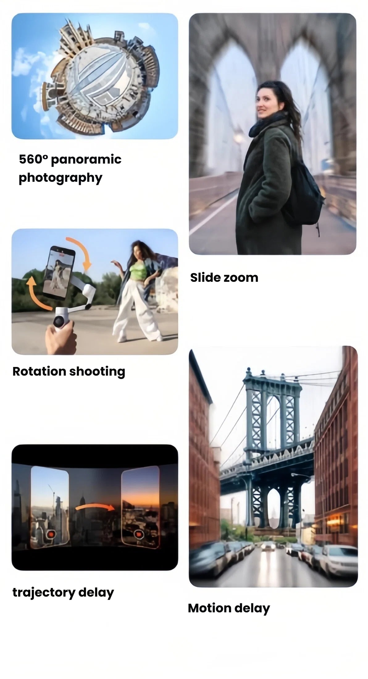  Insta360 Flow 2 AI Tracker capturing 560° panoramic photo and motion-timelapse with slide-zoom and trajectory-delay functions.