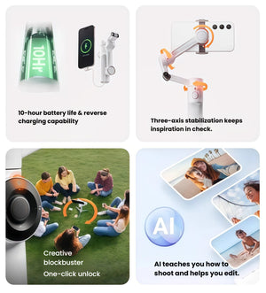 Insta360 Flow 2 handheld with AI Tracker mounted, showing 10-hr battery life and reverse-charging capability for phones.