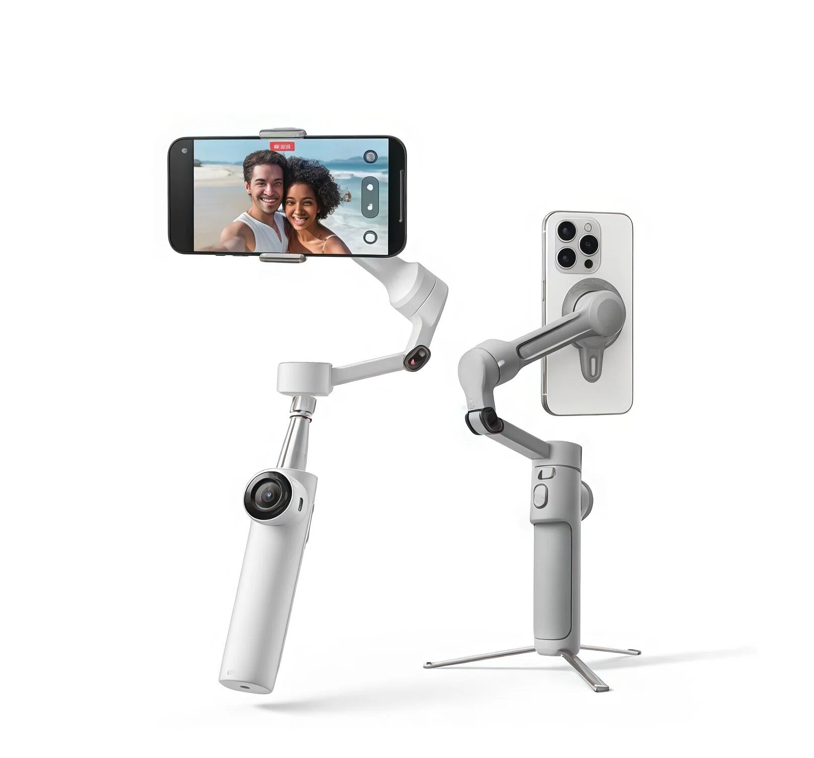 Insta360 Flow 2 handheld with AI Tracker mounted, showing 10-hr battery life and reverse-charging capability for phones.