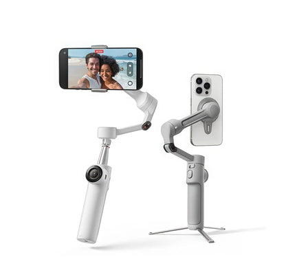 Insta360 Flow 2 handheld with AI Tracker mounted, showing 10-hr battery life and reverse-charging capability for phones.