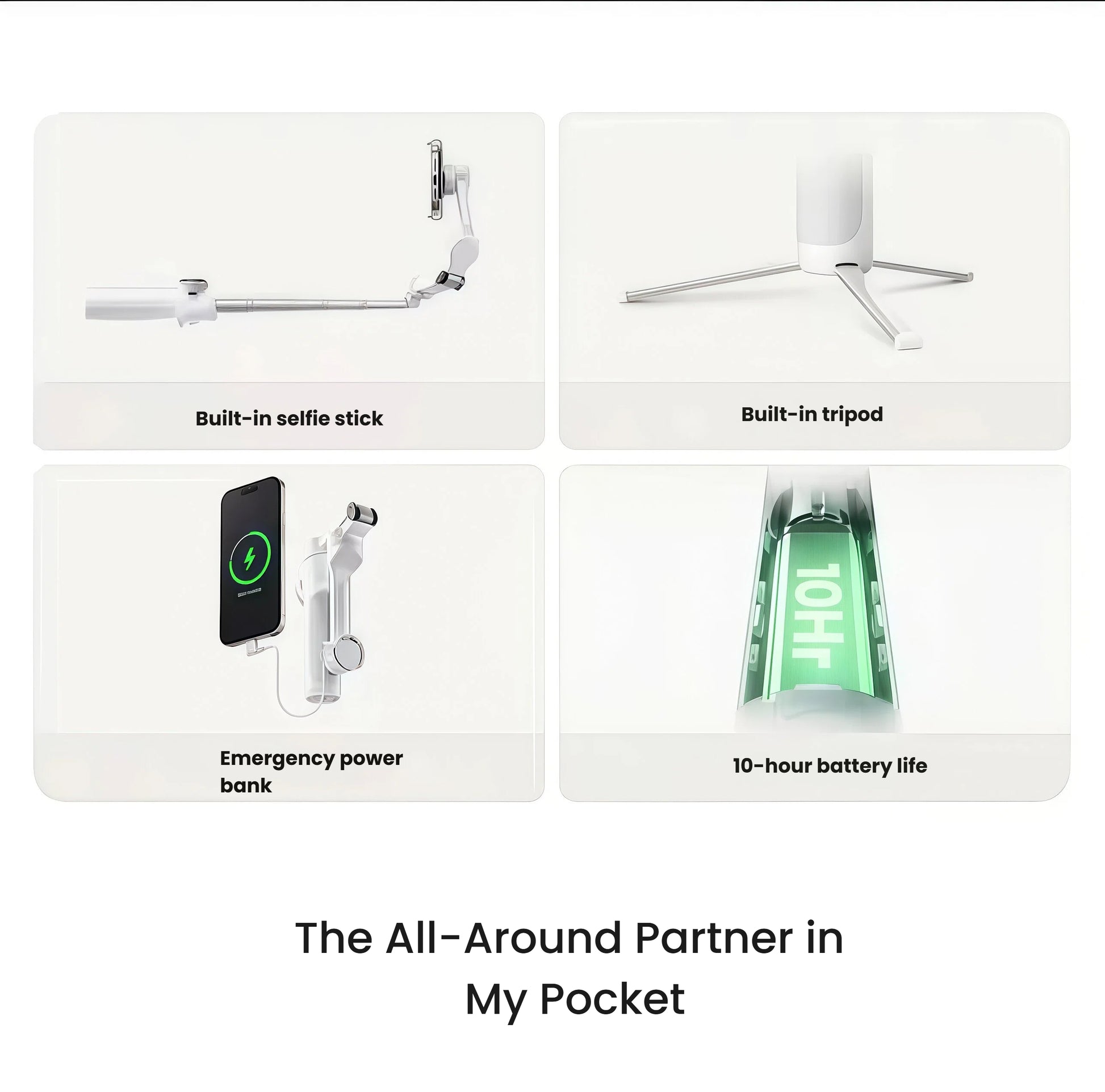 Insta360 Flow 2 standing on integrated tripod-selfie stick combo, doubling as a 10-hour emergency power bank.