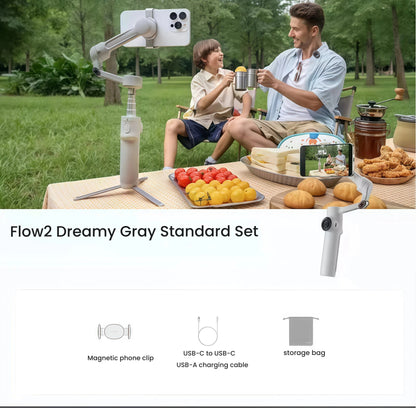 Dreamy Gray Insta360 Flow 2 AI Tracker Bundle accessories—magnetic clip, USB-C & USB-A cables, storage pouch—complete standard kit.