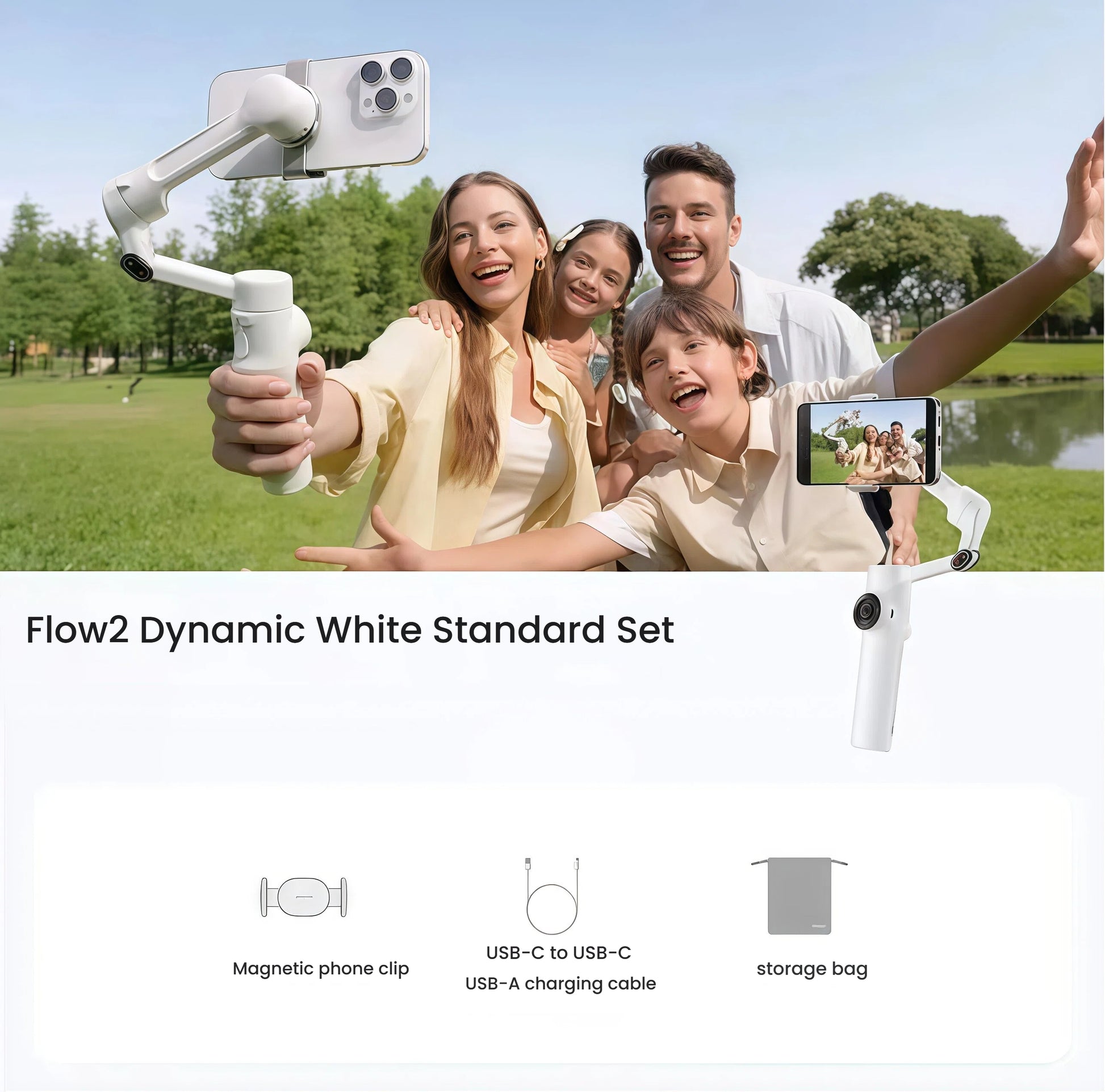Dynamic White Insta360 Flow 2 AI Tracker Bundle laid flat—magnetic phone clip, USB-C cables, storage bag—official standard set.