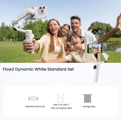 Dynamic White Insta360 Flow 2 AI Tracker Bundle laid flat—magnetic phone clip, USB-C cables, storage bag—official standard set.