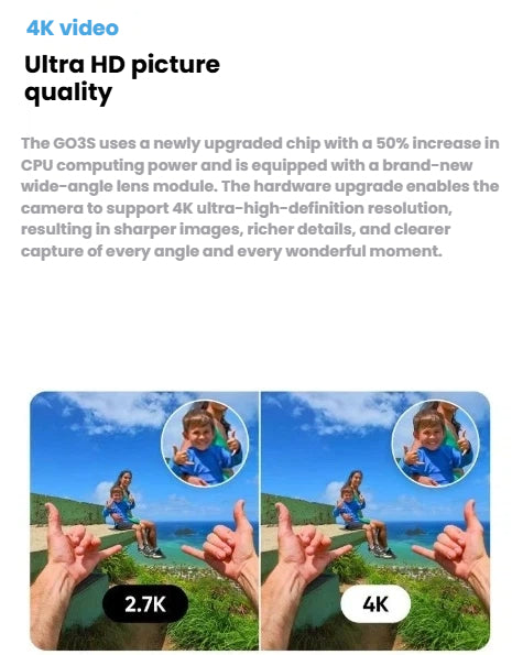 A side-by-side comparison demonstrating the superior sharpness and detail of the Insta360 GO 3S's 4K video compared to the previous 2.7K model, thanks to its upgraded chip.