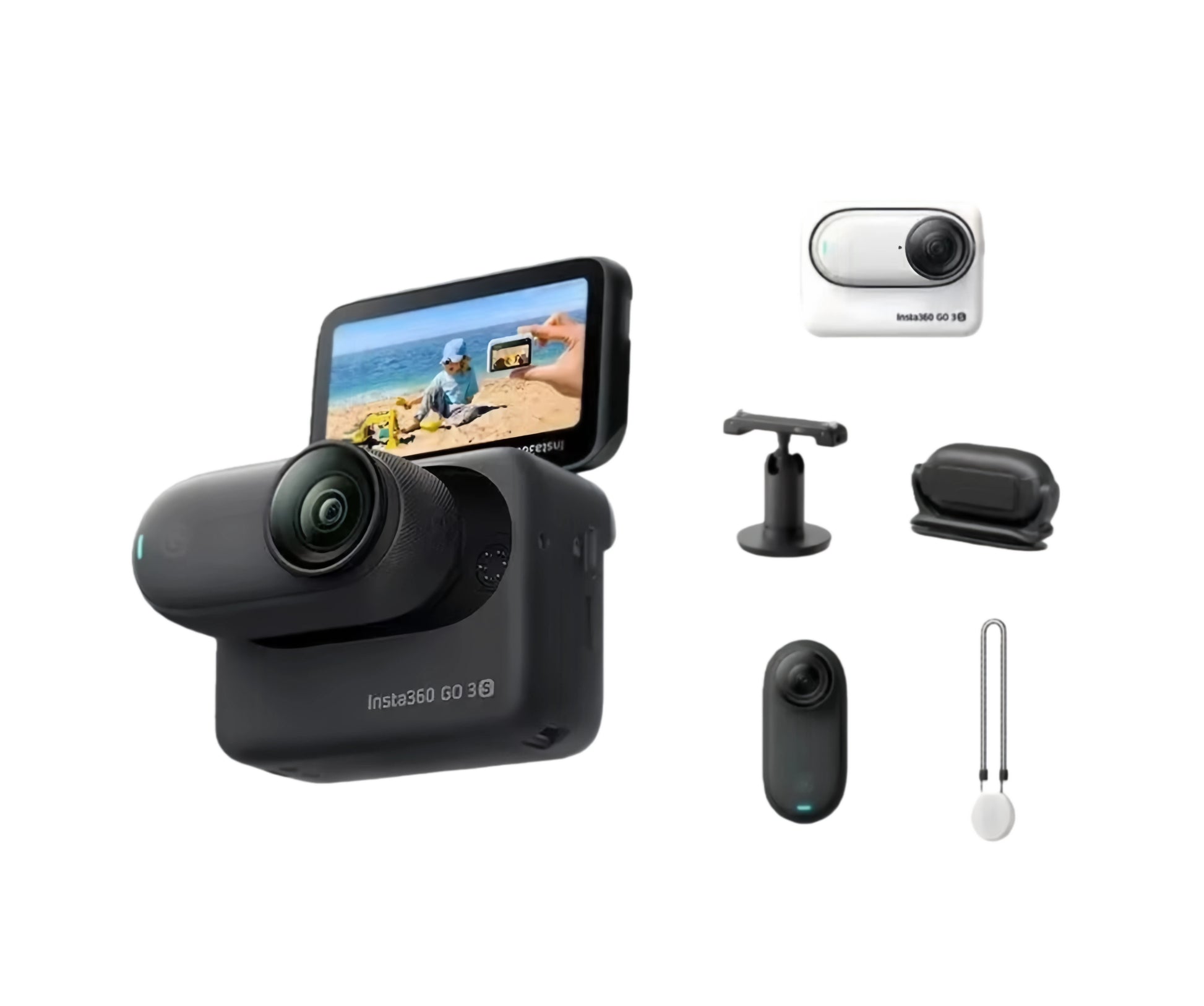 The black Insta360 GO 3S tiny camera shown in its Action Pod with a flip touchscreen. The standard accessories are displayed, including the Pivot Stand, Easy Clip, and Magnet Pendant.