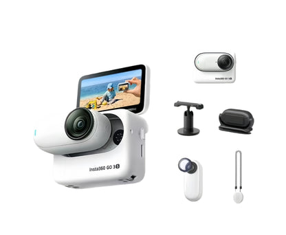 The white Insta360 GO 3S wearable action camera with its versatile Action Pod. This image shows the complete standard kit for hands-free 4K video capture.