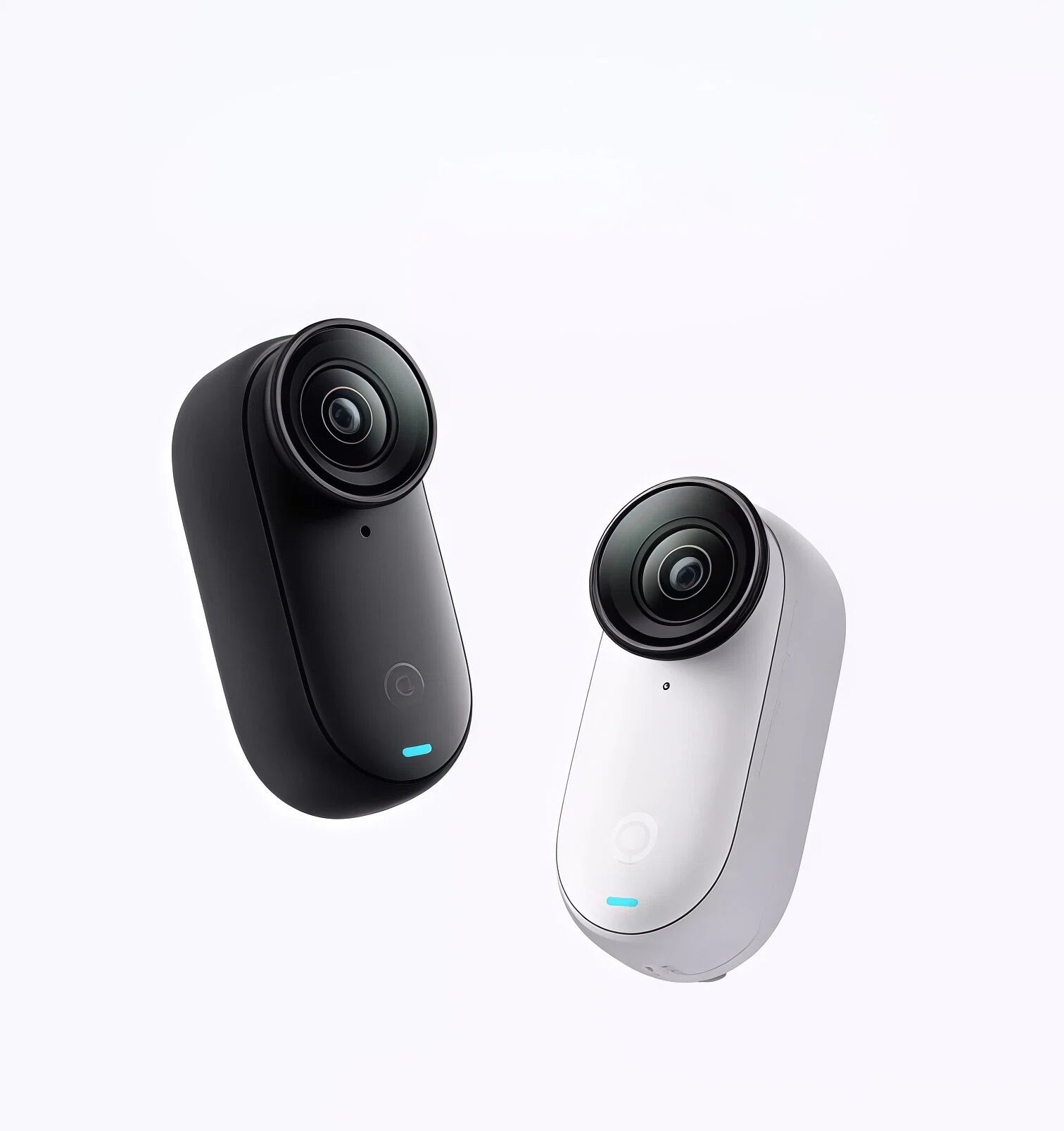 A close-up of the ultra-compact Insta360 GO 3S camera module, available in both matte black and arctic white finishes, highlighting its minimalist design.