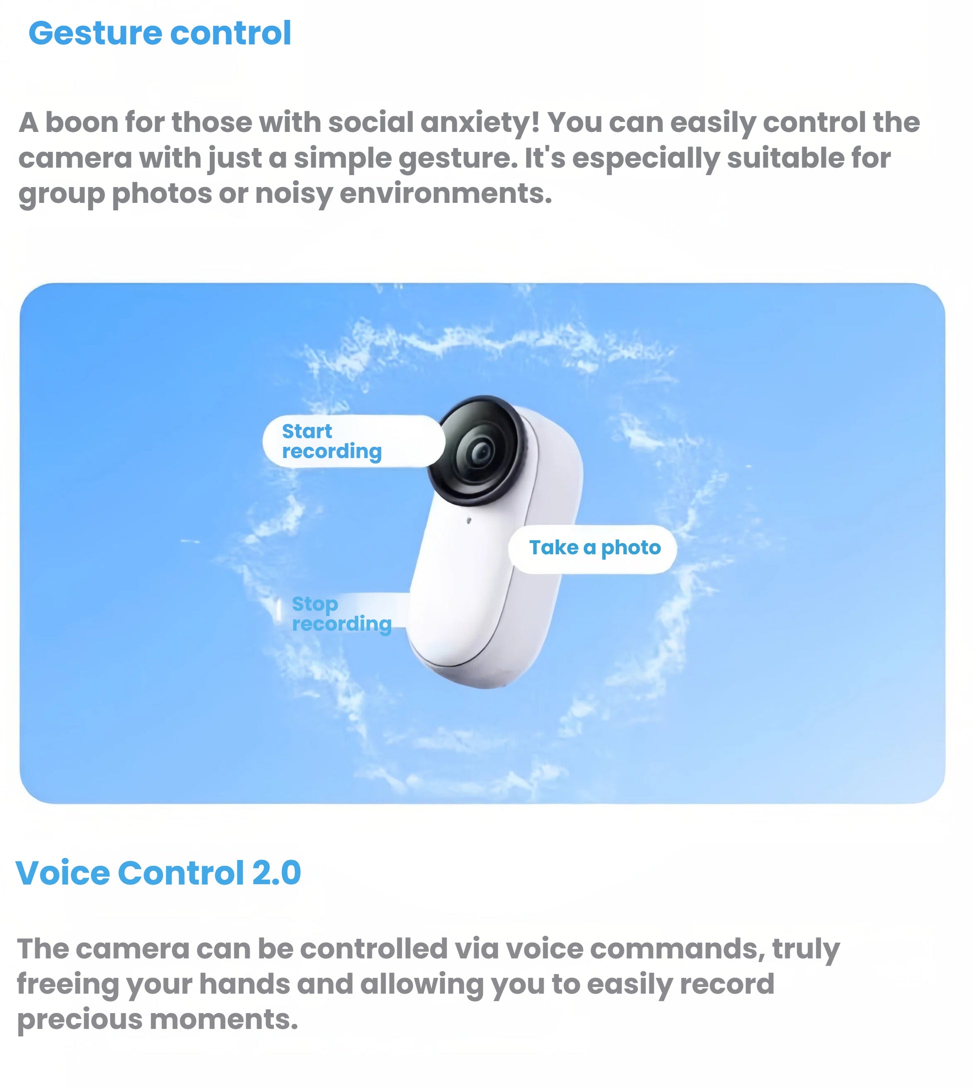 An infographic explaining the hands-free capabilities of the Insta360 GO 3S, which can be controlled with simple hand gestures or voice commands to start/stop recording or take a photo.