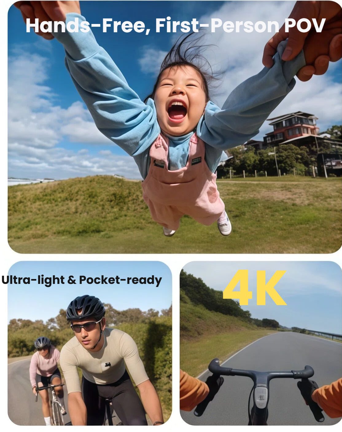  A feature collage of the Insta360 Go Ultra demonstrating its key benefits: capturing hands-free, first-person POV shots; being ultra-light and pocket-ready; and shooting in high-quality 4K resolution.