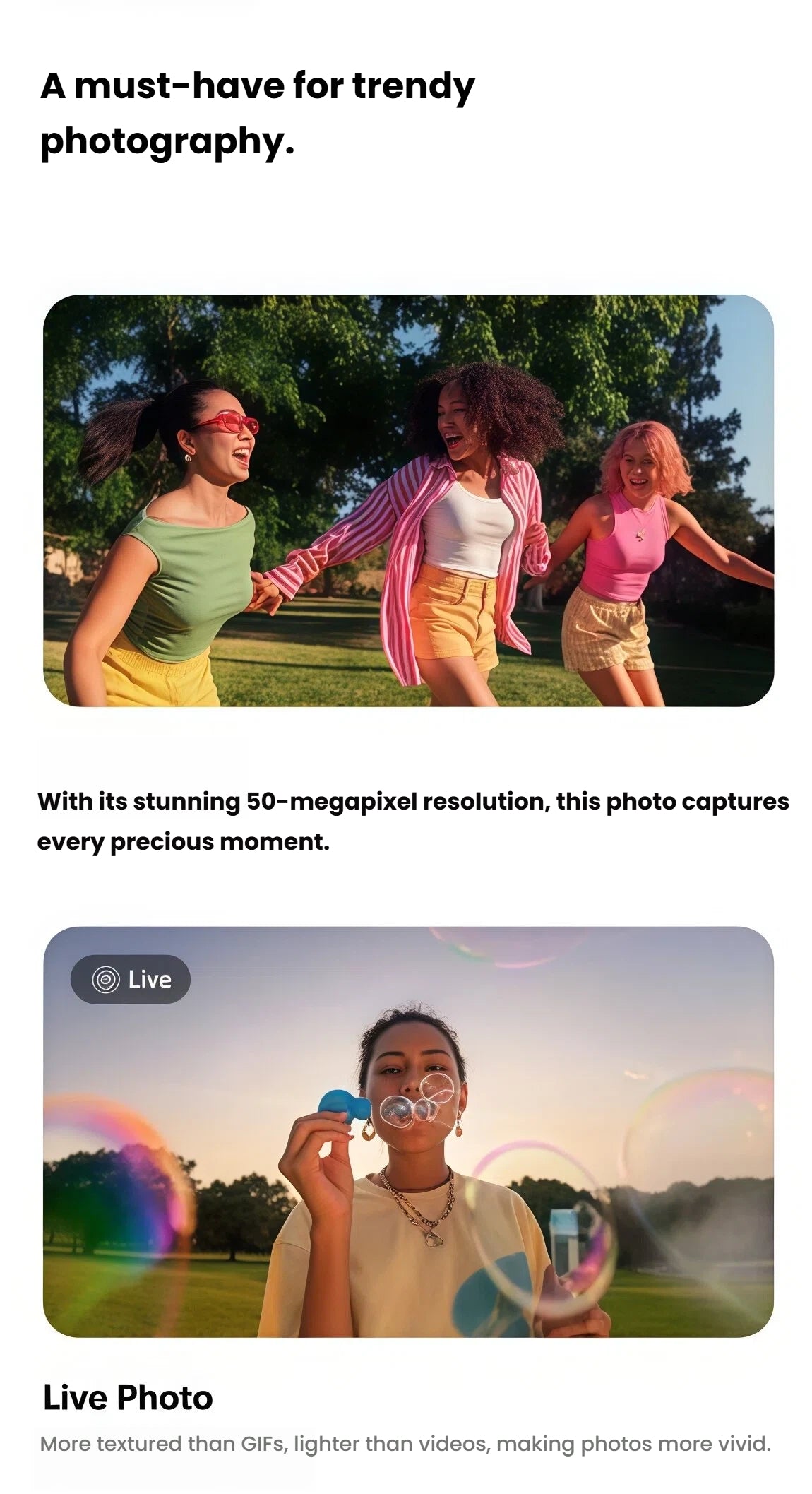 A graphic showcasing the Insta360 Go Ultra's powerful photography features, including its ability to capture crisp 50-megapixel photos and create vivid, animated Live Photos.