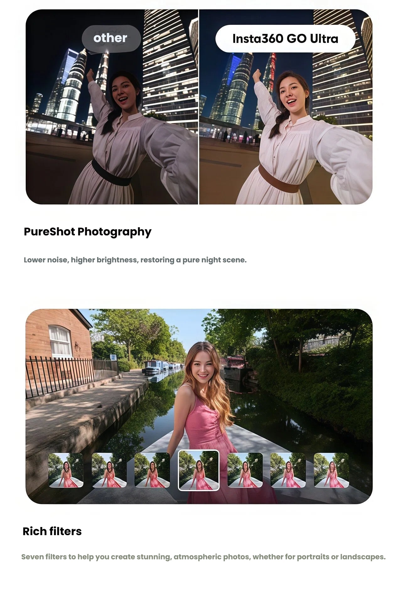 A side-by-side comparison showing the Insta360 Go Ultra's superior PureShot night photography with less noise and more brightness. It also displays the camera's seven rich filters for creative photos.