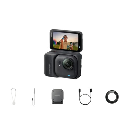 The black Insta360 Go Ultra camera shown inside its Action Pod with flip screen. The standard included accessories are displayed below: magnet pendant, easy clip, pivot stand, USB cable, and lens guard.