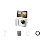 The white Insta360 Go Ultra tiny action camera with its Action Pod. This image shows the standard package contents, including the magnetic pendant for hands-free POV capture.