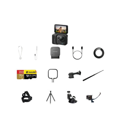 The black Insta360 Go Ultra action camera kit with a comprehensive accessory bundle for any activity. The kit includes various mounts, a tripod, a 128GB memory card, and more.