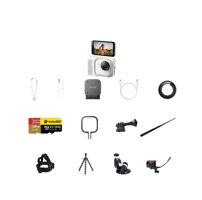  The white Insta360 Go Ultra camera and Action Pod shown with a full accessory bundle, including a 128GB SD card, head strap, flexible tripod, suction cup mount, and selfie stick.