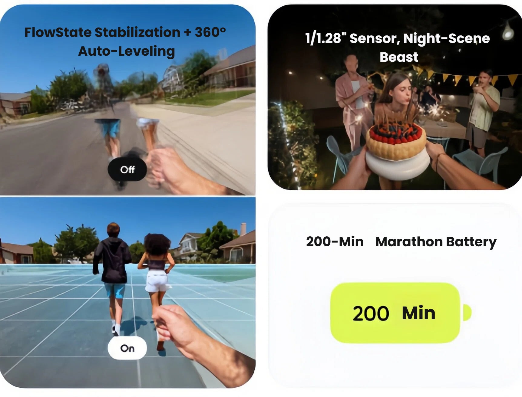 A feature collage showing the Insta360 Go Ultra's key advantages: gimbal-like FlowState Stabilization with 360 auto-leveling, its performance as a night-scene beast thanks to the large sensor, and its 200-minute marathon battery life.