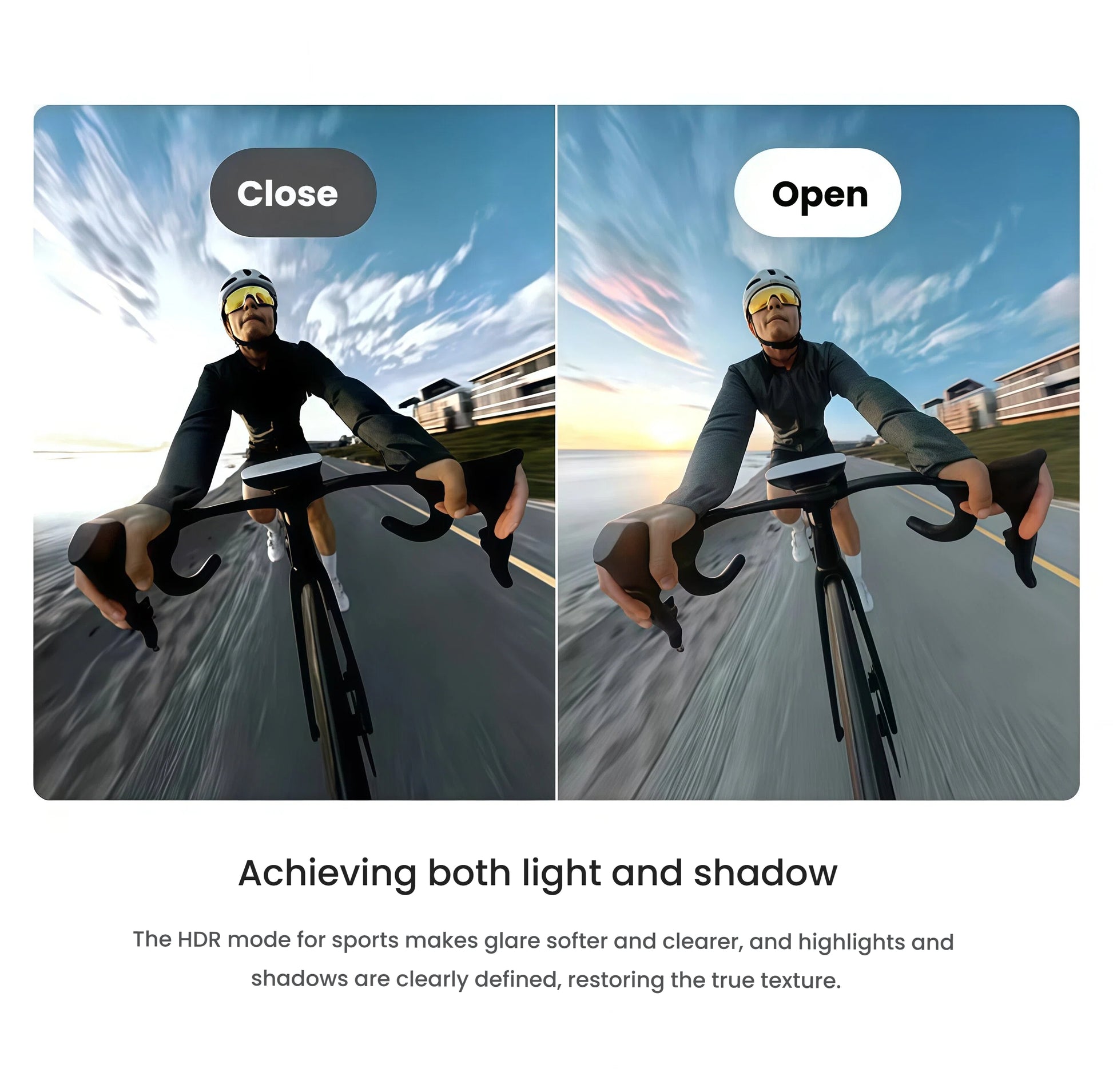A side-by-side comparison of a cyclist, showing how the Insta360 X4 Air's Active HDR mode enhances shadows and highlights for clearer, more textured video in bright conditions.